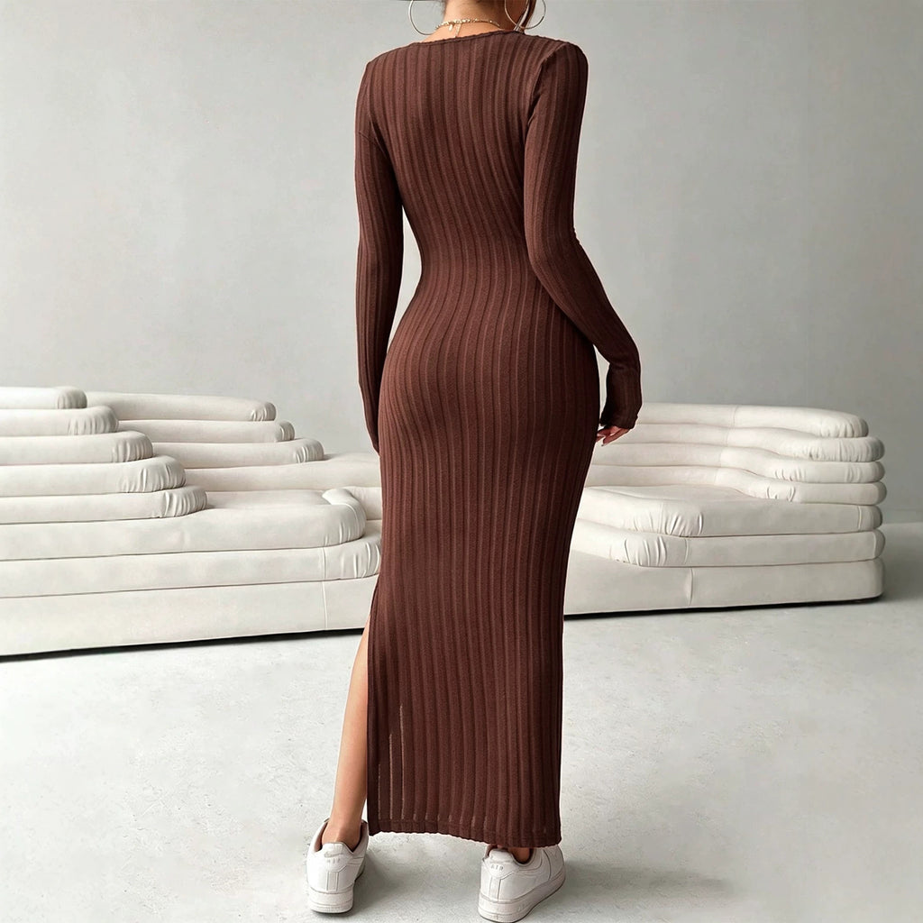 Autumn Winter Deep V Plunge neck Knitted Dress Women Long Sleeved Waist Slimming Slit Sheath Dress