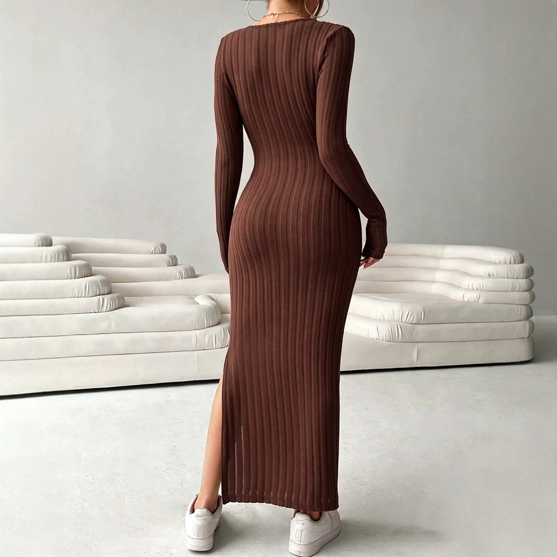 Autumn Winter Deep V Plunge neck Knitted Dress Women Long Sleeved Waist Slimming Slit Sheath Dress