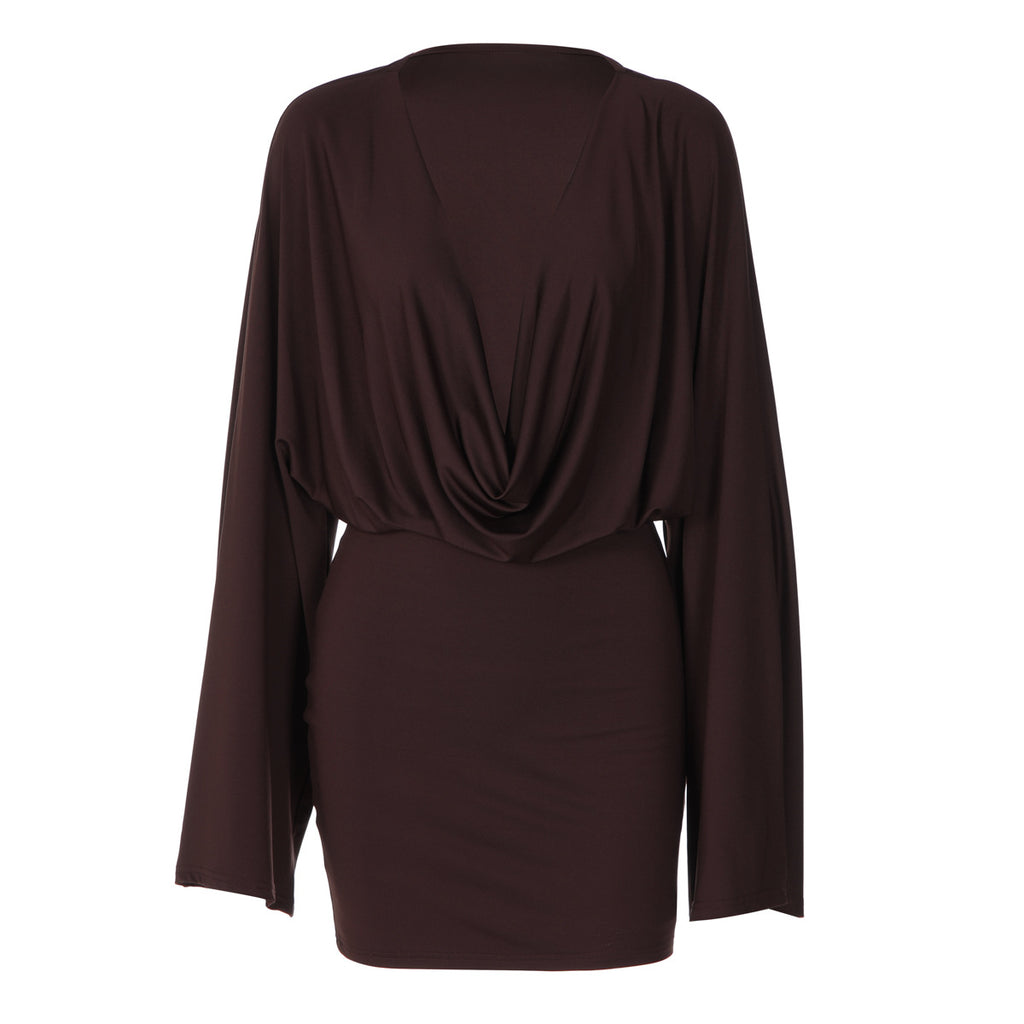 Women Sexy Low Cut Deep V Plunge neck Solid Color Long Sleeve Waist Slimming Sheath Dress