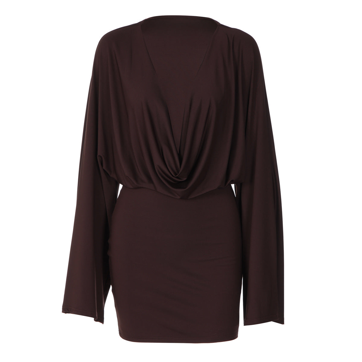 Women Sexy Low Cut Deep V Plunge neck Solid Color Long Sleeve Waist Slimming Sheath Dress