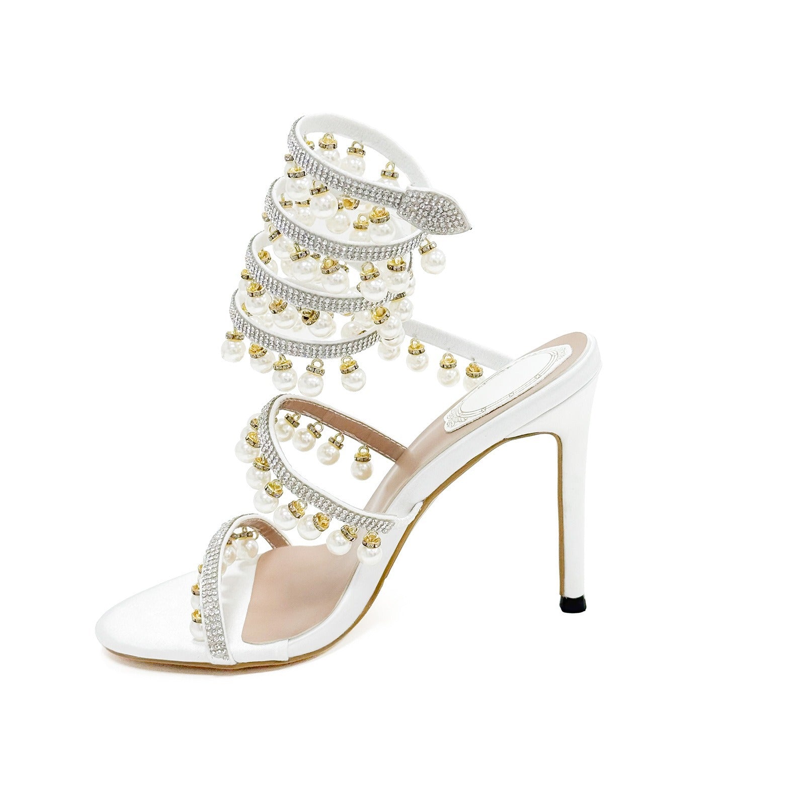 Black White Champagne 10cm Stiletto Heel Small round Toe Rhinestone Pearl High Heel Women Sandals Summer Heels