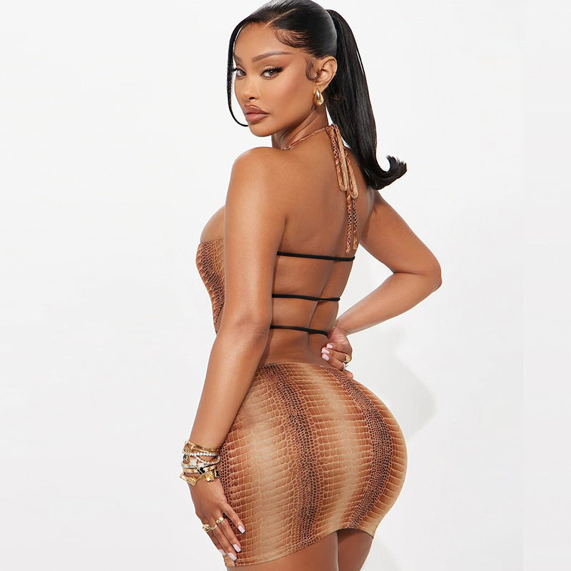 Women Clothing Autumn Sexy Animal Print Sleeveless Halter Strap Backless Ultra Short Dress