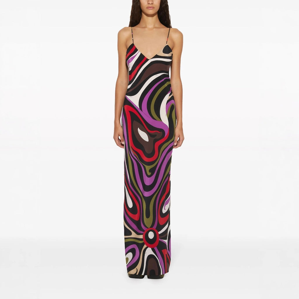 Summer Printed Satin Strap Backless Maxi Dress Women