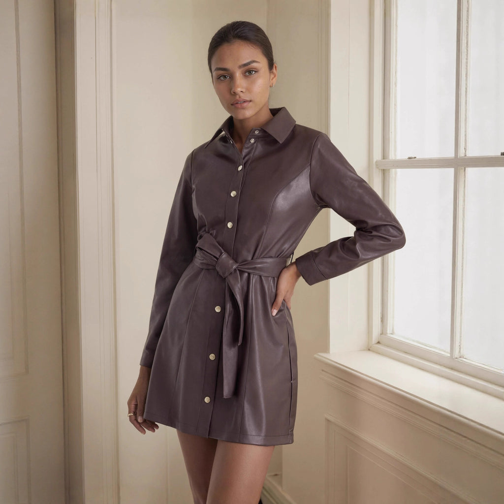 Abrigo de cuero de longitud media, vestido con cinturón, primavera otoño, manga larga, gabardina de cuero sintético, abrigo de cuero británico para mujer