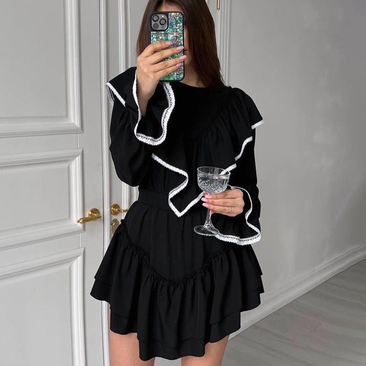 Autumn Bell Sleeve Ruffled Dress for Women Dignified Sense of Design Black Dress