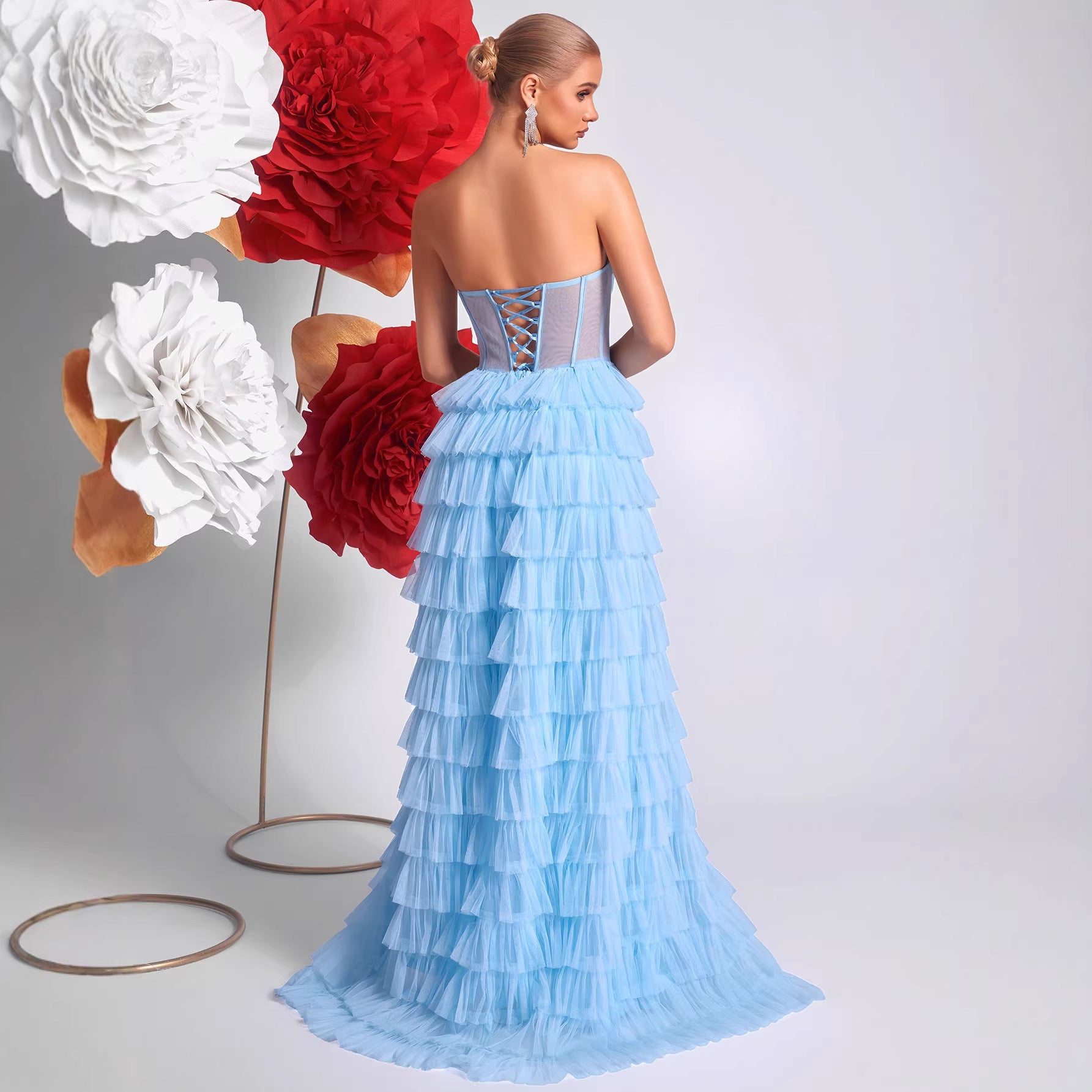 Ice Blue Strapless Evening Dress Three Dimensional Multi Layer Mesh Design See through Waist Split Cocktail Dress