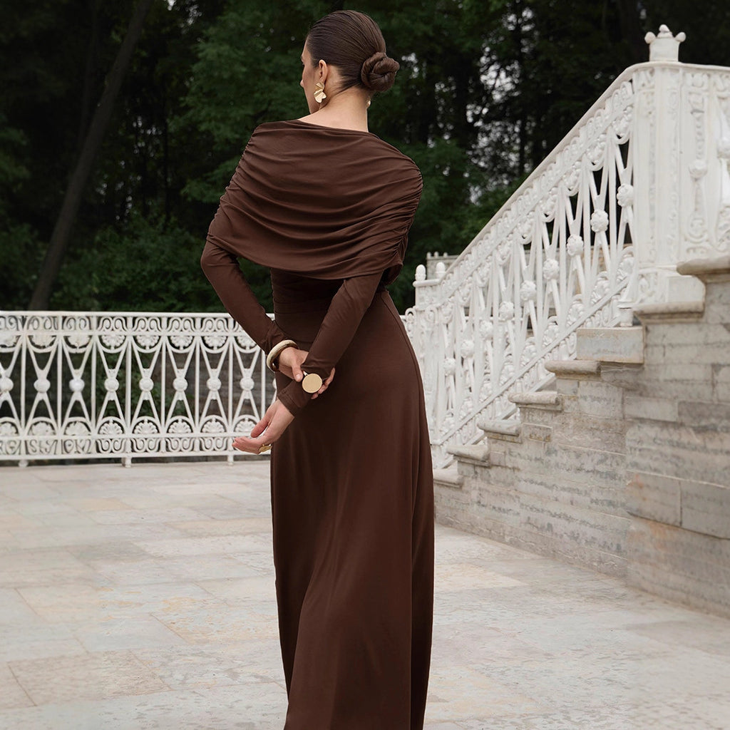 Vestido largo ajustado de punto de color liso y manga larga elegante para otoño e invierno, vestido de oficina con cuello asimétrico irregular para mujer