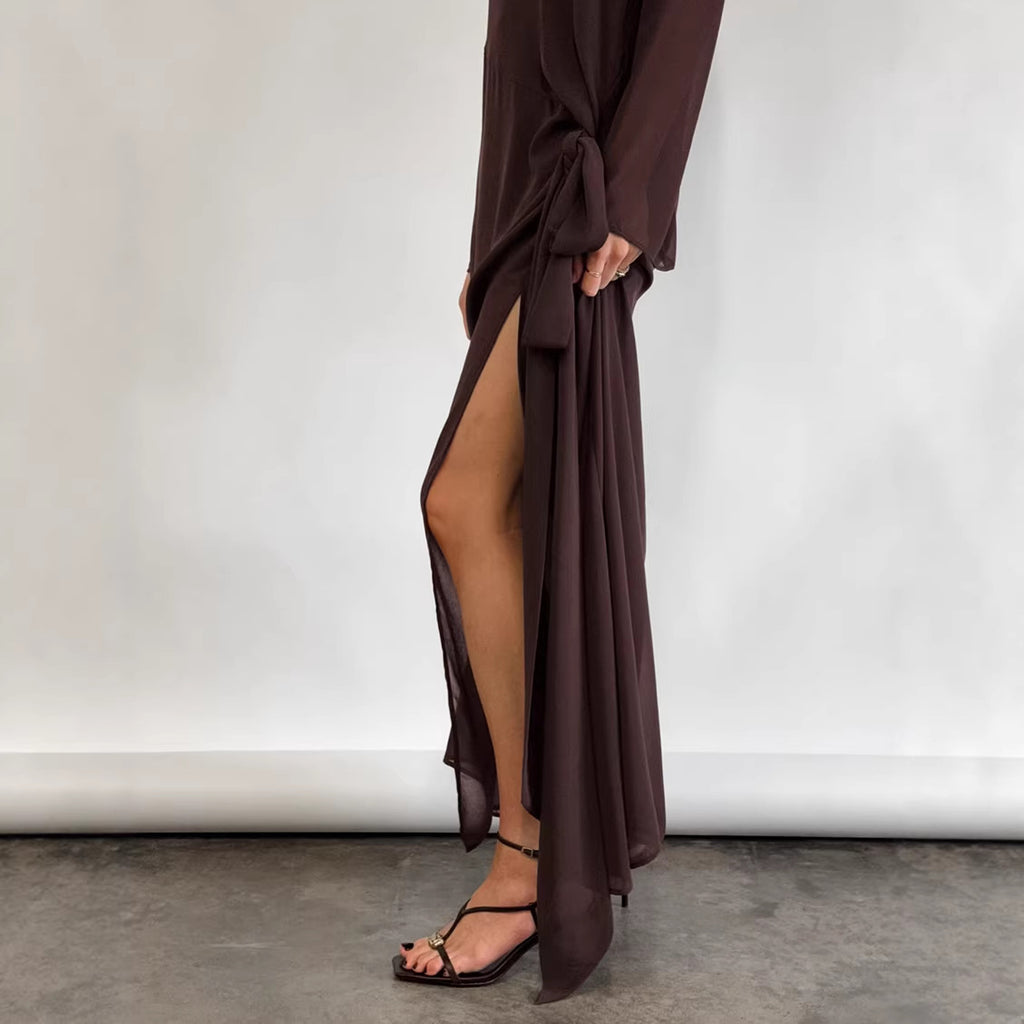 Spring Summer Arrival Mesh See through round Neck Long Sleeve Lace up Bow Split Dress Women