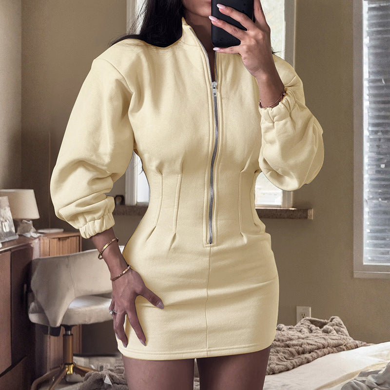 Ropa de mujer Otoño Invierno Color sólido Casual Cuello alto Manga larga Cremallera Cintura Ajustada Suéter Vestido Corto