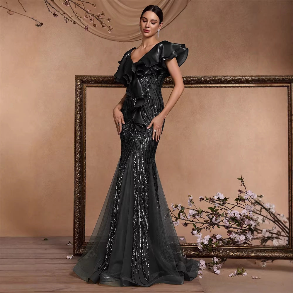 Elegante vestido de cóctel con lentejuelas y mangas con volantes, elegante vestido de cena con espalda descubierta y cola de pez de lujo para graduación y noche.