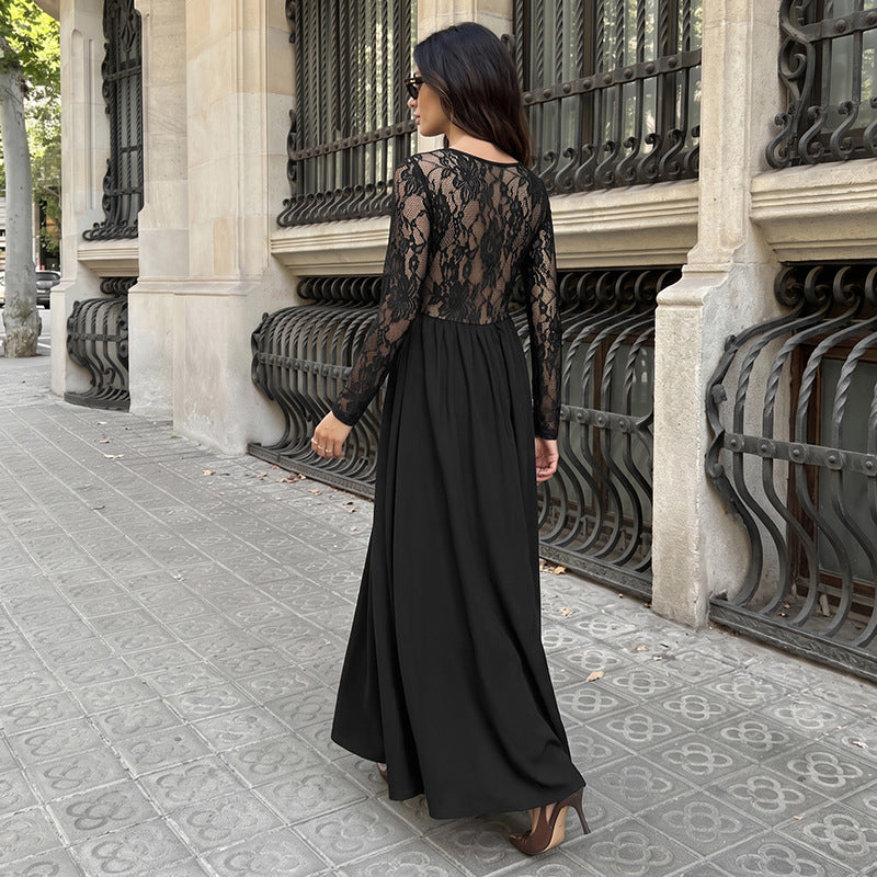 Elegant Lightly Mature Black Square Collar Lace Long Sleeve Dress