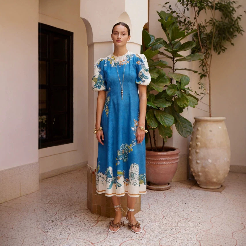 Personalized Floral Lantern Sleeve Waist Controlled round Neck Dress