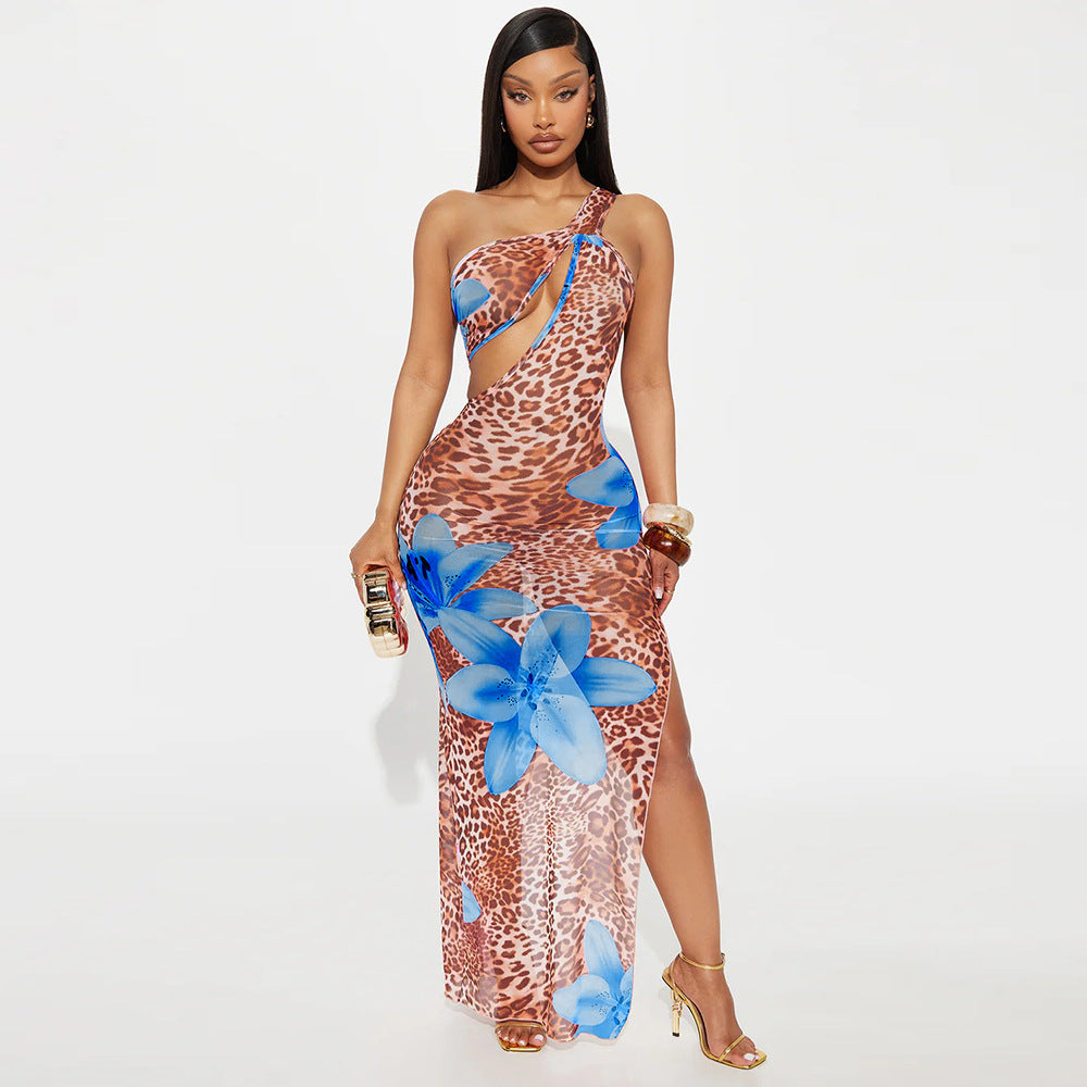 Robe pour femme à col diagonal, découpes ajourées et imprimé floral en maille transparente