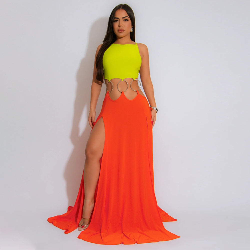 Robe sexy à lacets, dos nu et fente haute pour femme, couleur unie