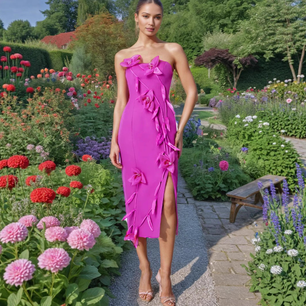 Elegant Lady Dress Summer Patchwork Three Dimensional Floral Slim Fit Slit Dress Women