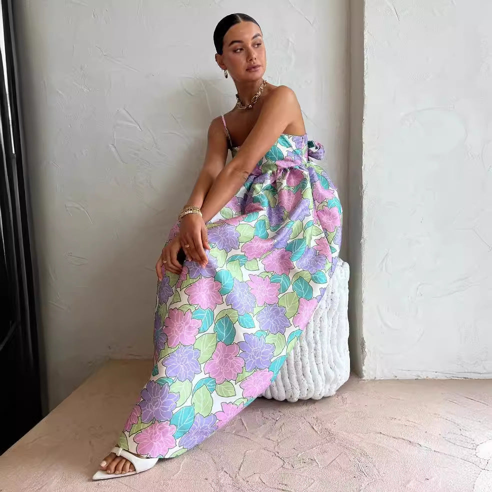 Robe ample imprimée décontractée et élégante à bretelles, dos nu et grande ampleur