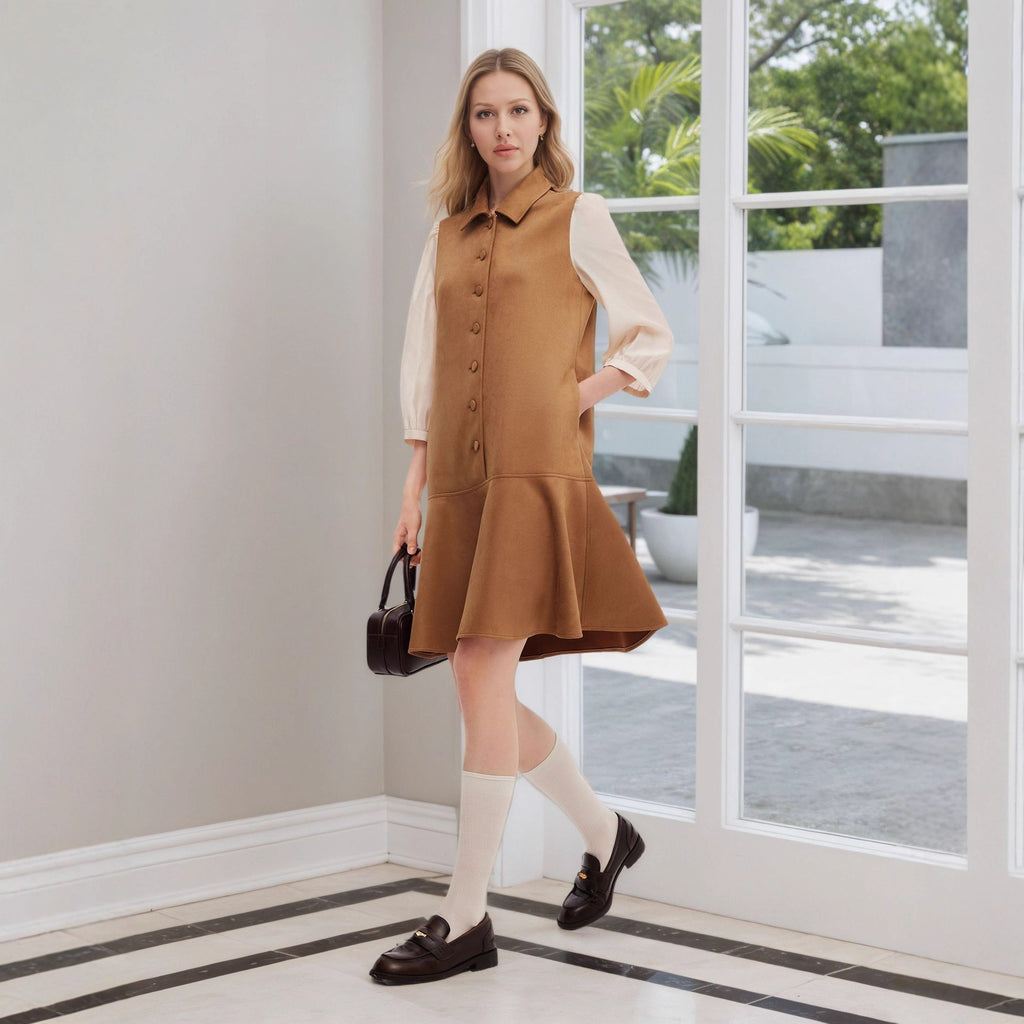 Robe courte amincissante en daim filé, élégante et tendance, pour fille, automne, à manches bouffantes et taille cintrée.