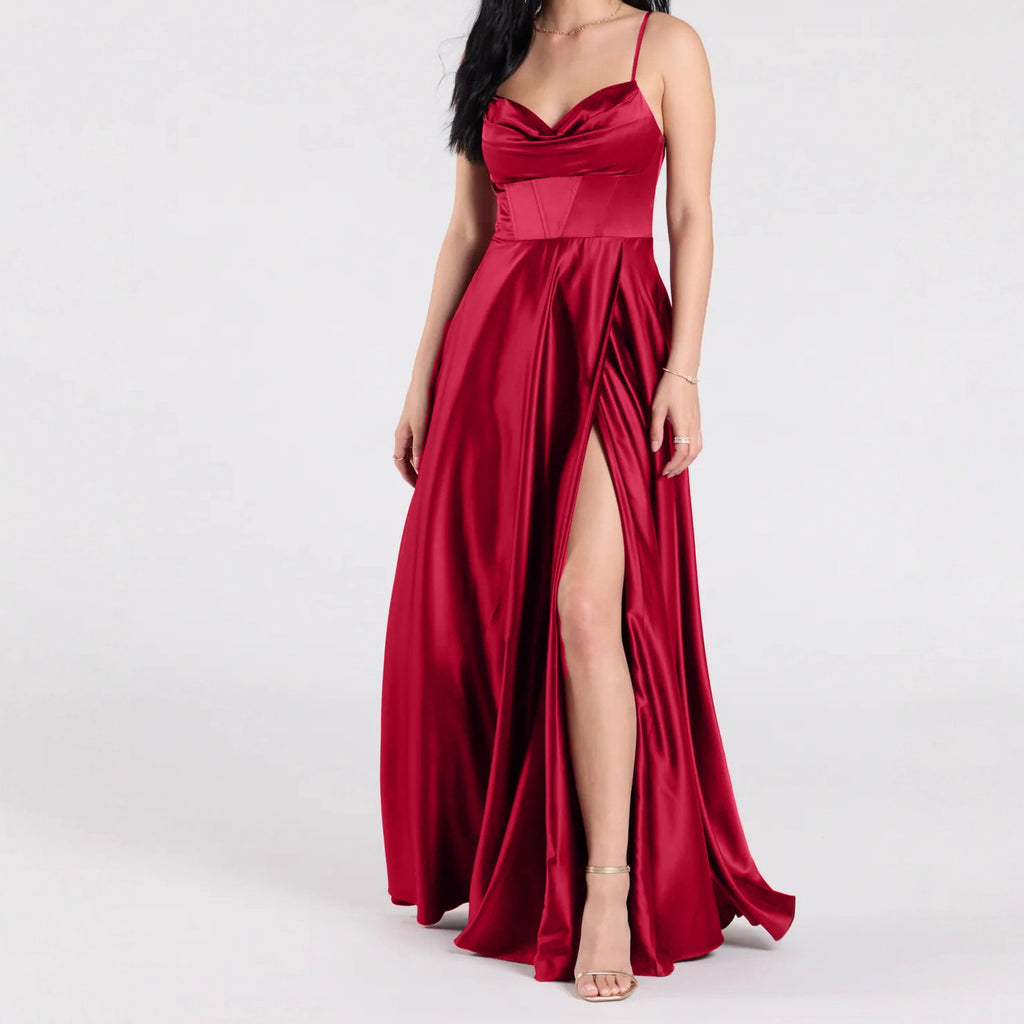 Vestido de dama de honor largo maxi vestido adelgazante hombro hueco recorte abertura plisado elegante vestido de noche