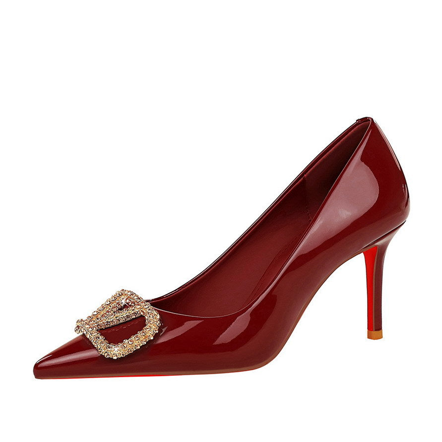 Sexy Red Background Gold Rhinestone V Buckle Pointed High Grade Patent Leather Stilettos Pumps Women