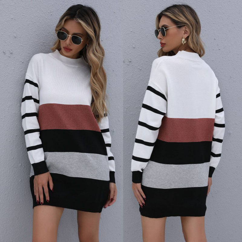 Vêtements Féminins Automne Hiver Couleur Assortie Tendance Longue Robe Pull en Maille de Base