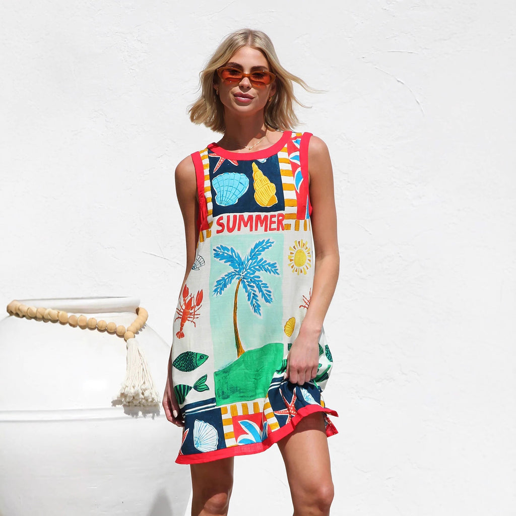 Robe sans manches imprimée multicolore à positionnement de la robe