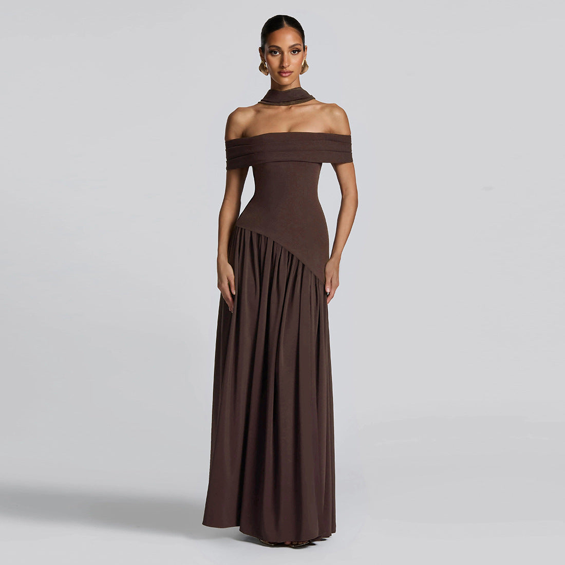 Vestido de otoño para mujer, sexy, sin espalda, ajustado, de color liso, con cuello de bufanda y abertura en los hombros