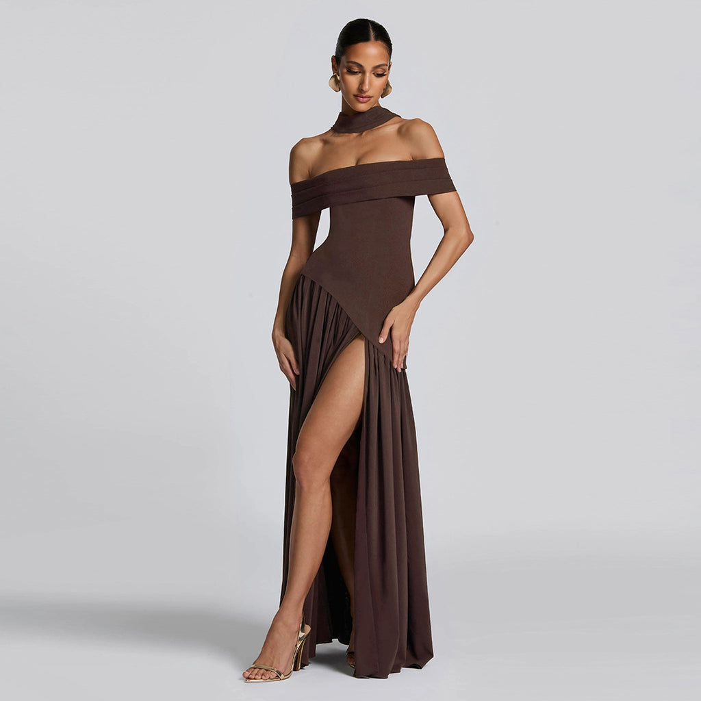 Vestido de otoño para mujer, sexy, sin espalda, ajustado, de color liso, con cuello de bufanda y abertura en los hombros