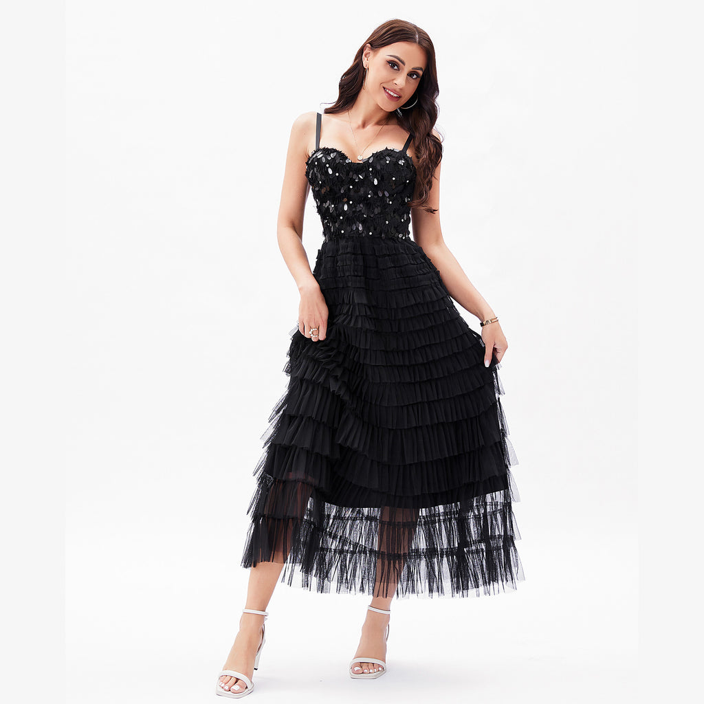 Vestido de una pieza con corsé deshuesado y tirantes, sexy, de alta costura, con lentejuelas negras, espalda descubierta y capas escalonadas.