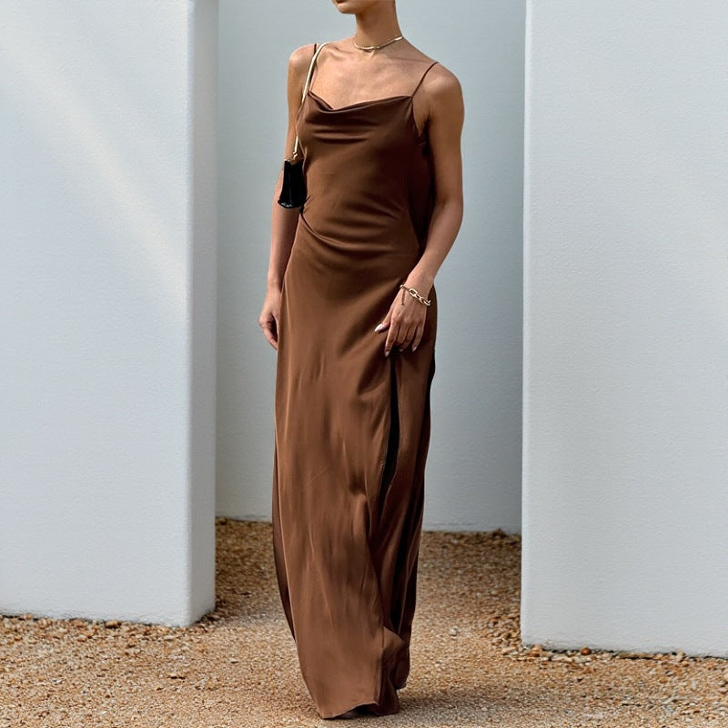 Summer Slim Fit Maxi Dress Autumn Casual Strap Satin Dress for Women