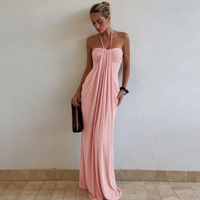 Sexy Tube Top Dress Women Summer Vacation Solid Color Tied Maxi Dress