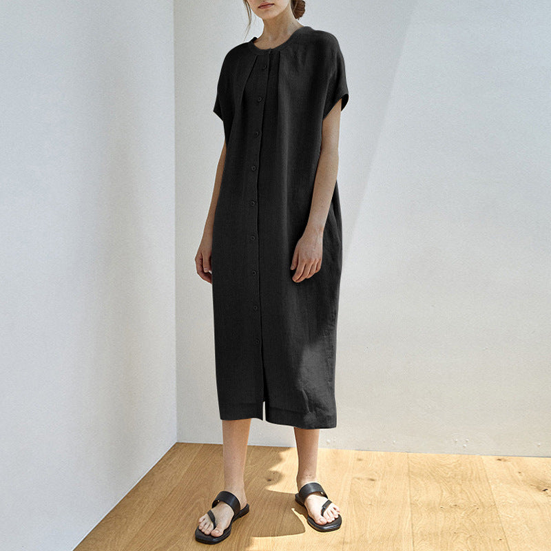 Vestido de verano de lino puro, holgado, con cintura ancha y cordones, midi.