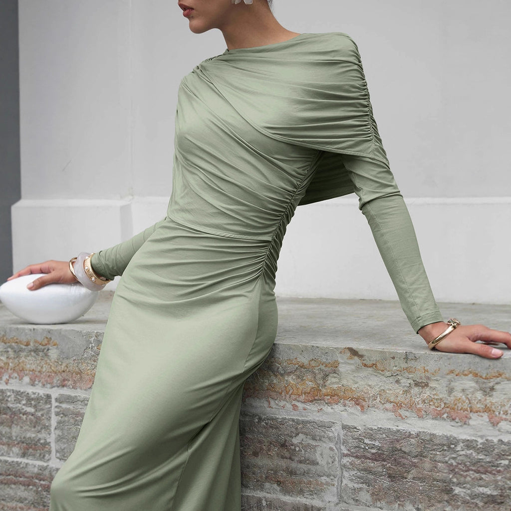 Vestido largo ajustado de punto de color liso y manga larga elegante para otoño e invierno, vestido de oficina con cuello asimétrico irregular para mujer
