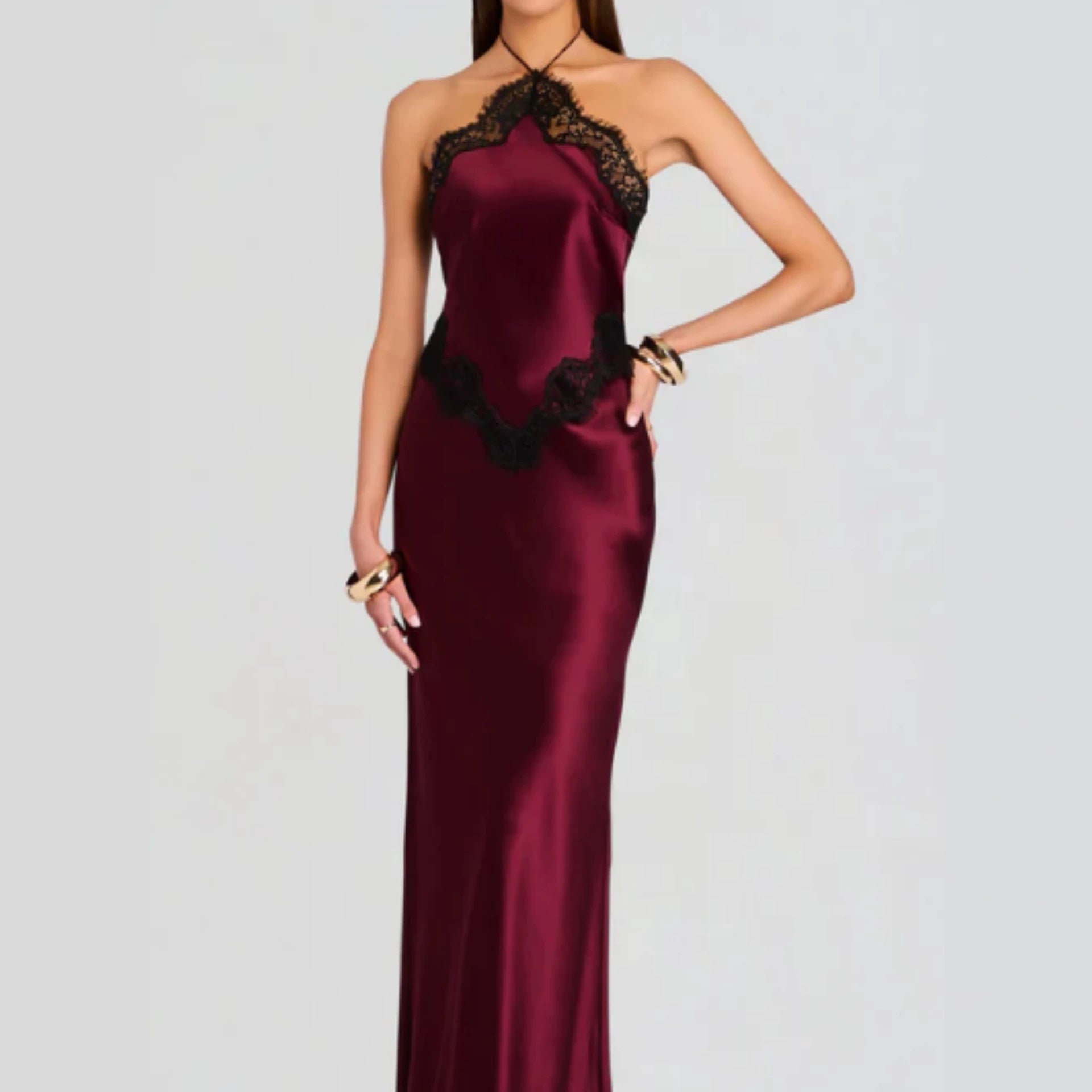 Patchwork Lace Maxi Dress Sexy Slim Fit Halter Waist Tight Elegant Dress