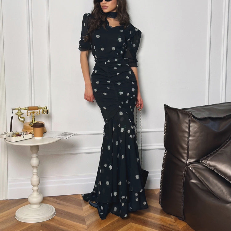 Women Clothing Digital Printing Sheath Dress V neck Half Sleeve Pleated High Waist Maxi Dress