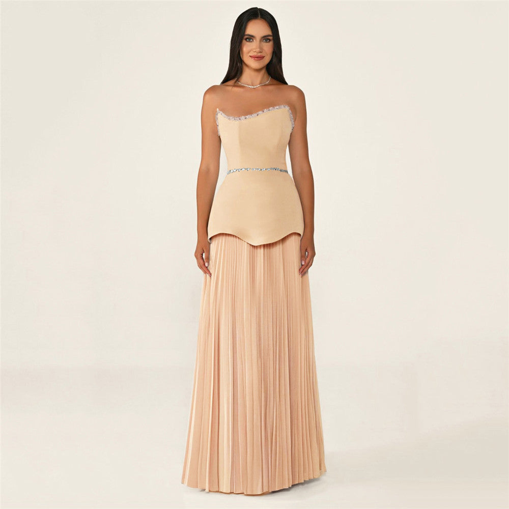 Tube Top Diamond Stitching Bandage Dress Party Elegant Dress Faux Two Piece Pleated Dress