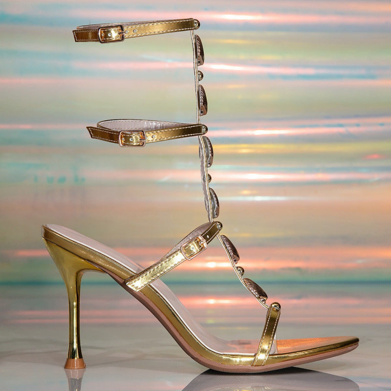 Elegant Sexy Women Super High Heel Sandals Gold Gem Decorative Roman Buckle Sandals