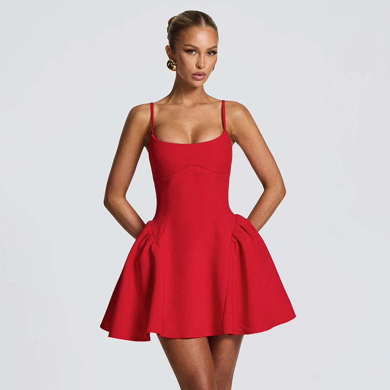 Vestido corto de ballet de otoño e invierno con tirantes finos, espalda descubierta y vuelo, color liso