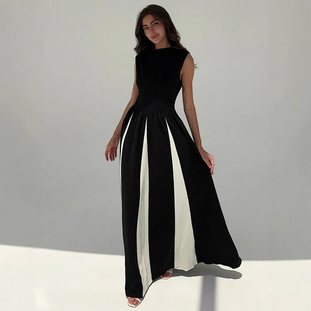 Robe de soirée élégante à col rond, sans manches et à taille contrastée, patchwork, robe femme