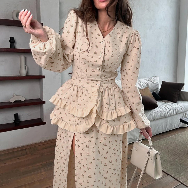 French Design Ruffled Waist Seal Printed V neck Puff Sleeve Elegant Split Dress Women Clothing