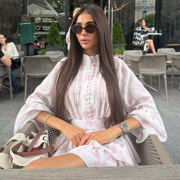 Vestido elegante con estampado francés corto para mujer, cuello alto, mangas acampanadas, botonadura sencilla, encaje, corte A