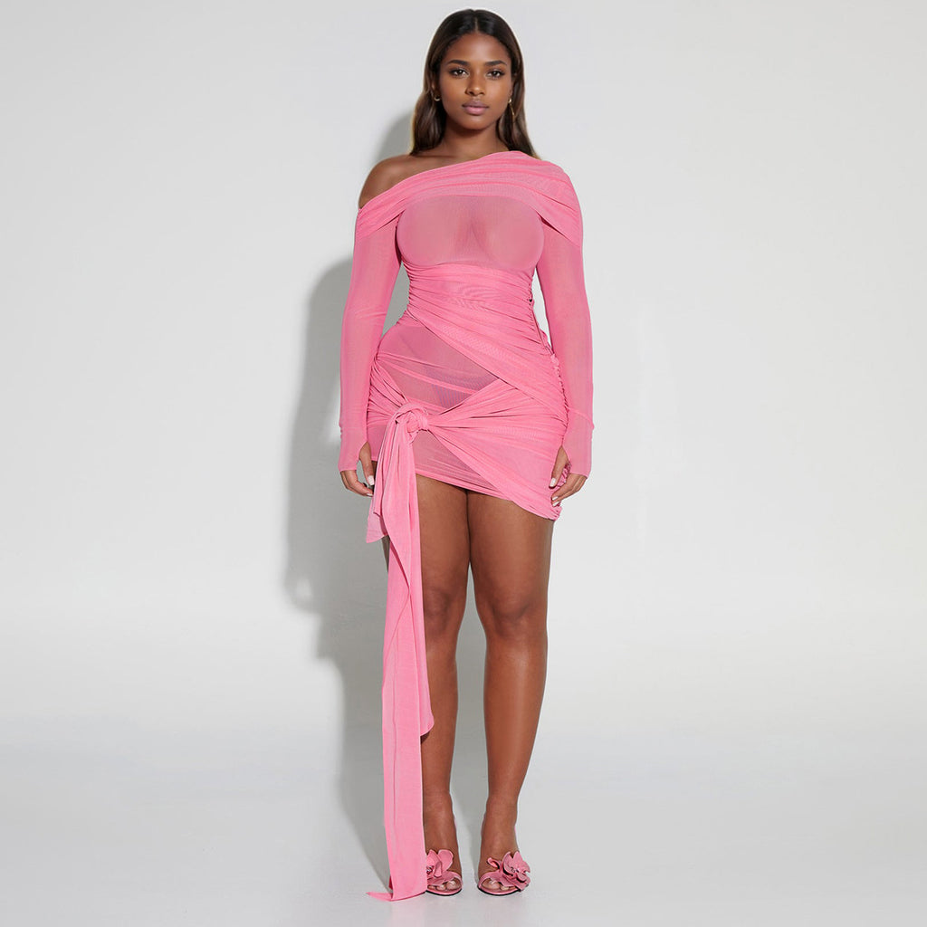 Spring Summer Women Wear Off Neck Design Sexy Pleated Dress Dopamine Sexy