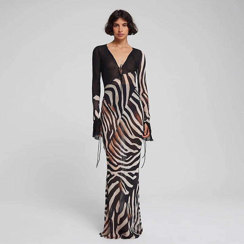 Summer Color Contrast Printed Sexy V neck Mesh Long Sleeve Dress