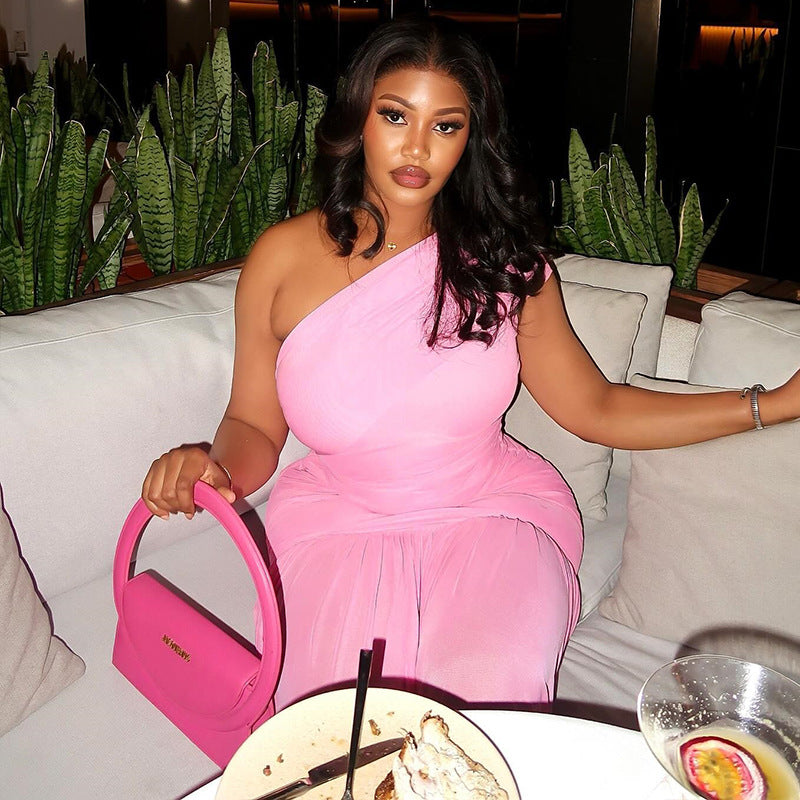 Fresh Solid Color Women Clothing Pleated Waist Tight Asymmetric One Shoulder Oblique Leader Split Length Dress