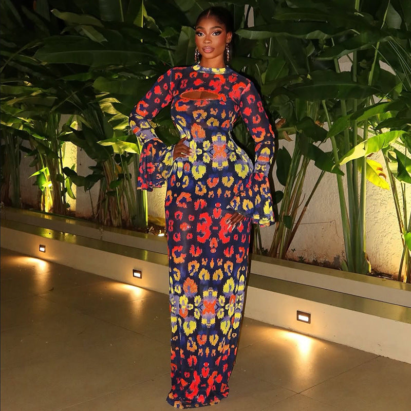 Robe maxi rétro pour femme, taille cintrée, imprimé, décolleté rond ajouré, manches évasées