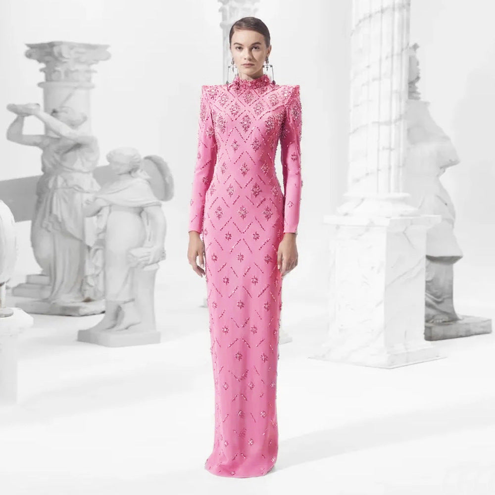 Long Sleeve Slim Heavy Embroidery Drilling Bandage One Piece Dress The Dinner Party Formal Dress