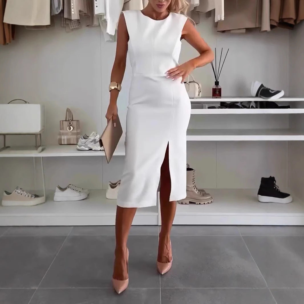 round Neck Elegant Split Solid Color Slim Fit Dress Women