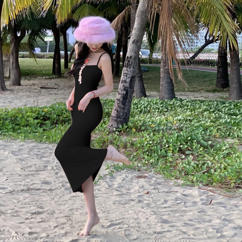 Robe mi-longue sexy à bretelles dos nu et taille cintrée pour femme