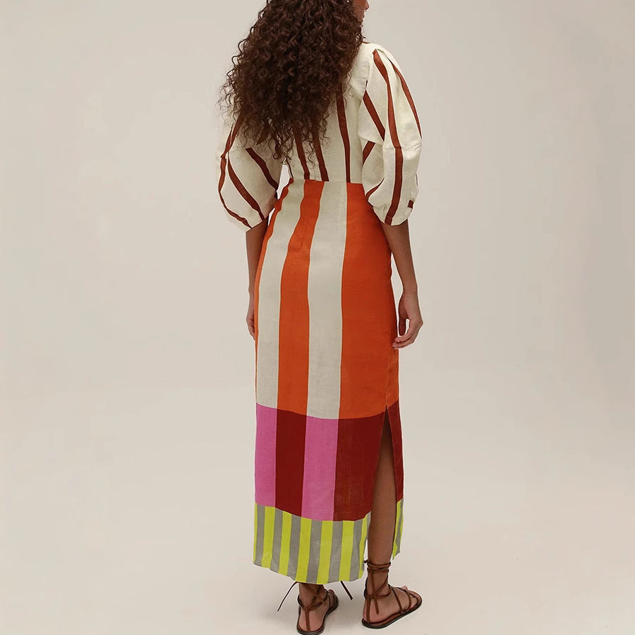 Robe en lin imprimée printemps-été, style décontracté, idéale pour les vacances.