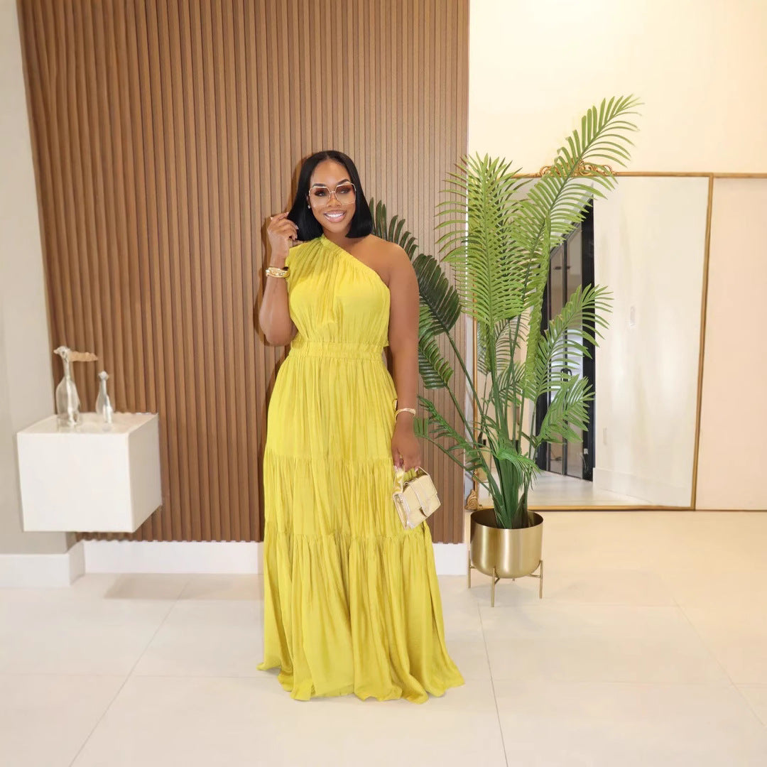 Spring Summer Linen Women Clothing Solid Color Slant Shoulder Maxi Dress