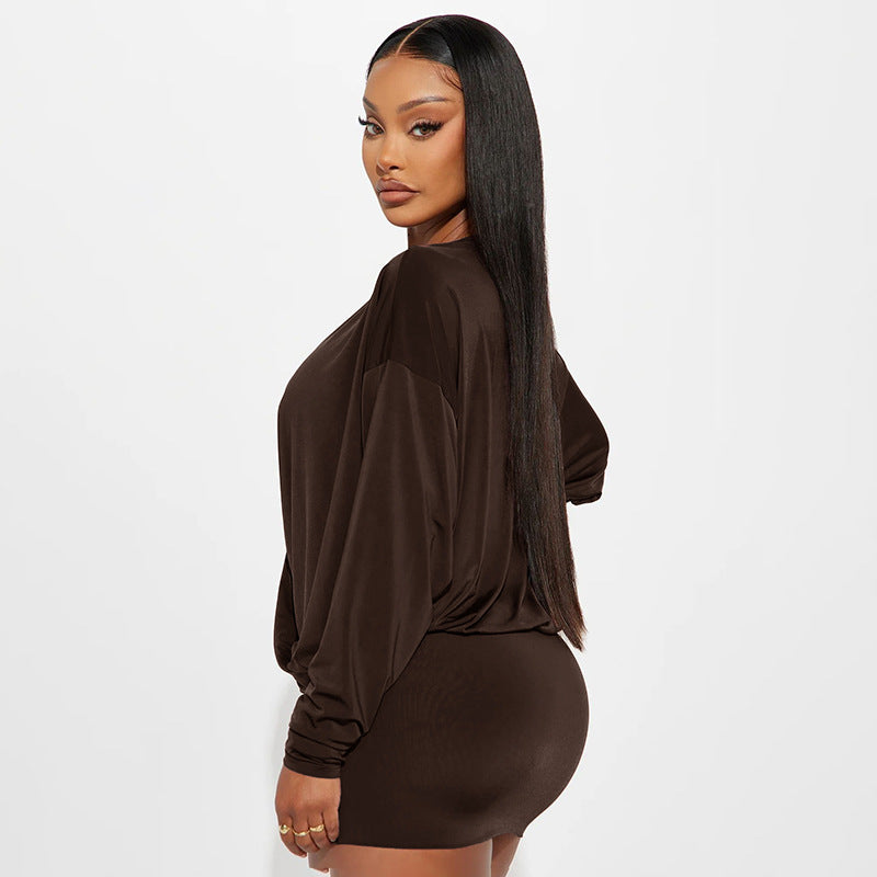 Women Clothing Autumn Solid Color Loose Sexy Batwing Long Sleeve Deep V Plunge Sheath Short Dress